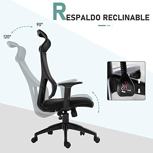Vinsetto Silla de Oficina Ergonómica Silla de Escritorio Giratoria Ajustable en Altura y Reclinable hasta 120° Bloqueo de Posición 64x61x120,9-128,9 cm Negro
