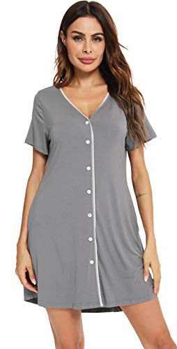 Vlazom Camisón Mujer Verano Pijama Cuello En V Manga Corta Camisones para Mujer Cómodos Ropa de Dormir Loungewear,XXL,Gris Oscuro