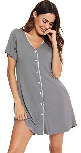 Vlazom Camisón Mujer Verano Pijama Cuello En V Manga Corta Camisones para Mujer Cómodos Ropa de Dormir Loungewear,XXL,Gris Oscuro