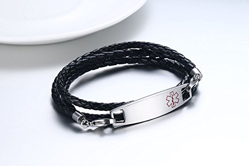 VNOX Grabado Gratuito de Acero Inoxidable Alerta médica Etiqueta de Identificación de Emergencia 3 Capas de Cuero Trenzado Wrap Pulseras Brazalete para Niños Mujeres Hombres (Negro-63.5cm)