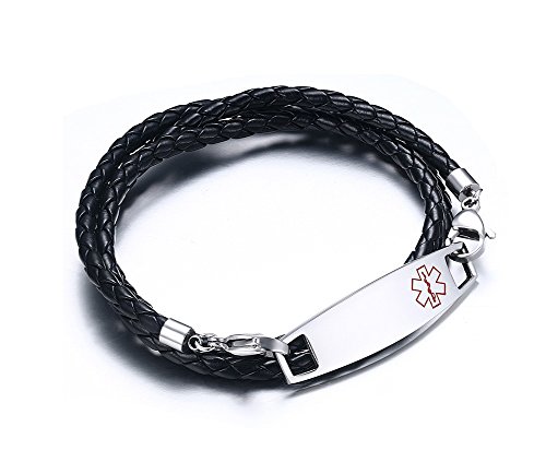 VNOX Grabado Gratuito de Acero Inoxidable Alerta médica Etiqueta de Identificación de Emergencia 3 Capas de Cuero Trenzado Wrap Pulseras Brazalete para Niños Mujeres Hombres (Negro-63.5cm)