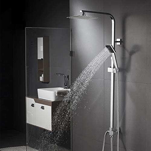WOOHSE Columna de ducha sin Grifo cuadrada, Conjunto de ducha con Teleducha y Rociador y Tubo Flexibley Barra Regulable 88,5-123,5 CM para Ducha y Ducha, Cromo