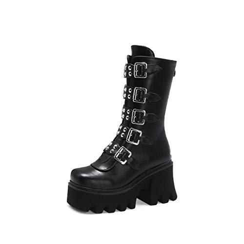 XTR Winter Gothic Punk Botas de Plataforma para Mujer Negro Hebilla Correa Cremallera Creeper Cuñas Zapatos Botas de Combate Militares de Media Pantorrilla, Negro, 5