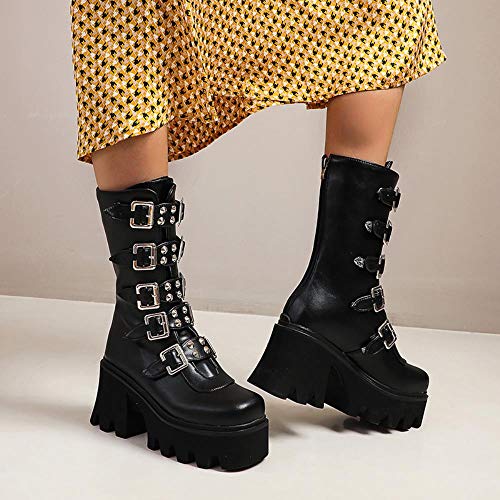 XTR Winter Gothic Punk Botas de Plataforma para Mujer Negro Hebilla Correa Cremallera Creeper Cuñas Zapatos Botas de Combate Militares de Media Pantorrilla, Negro, 5