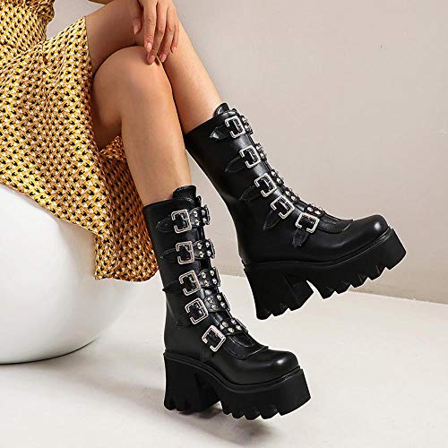 XTR Winter Gothic Punk Botas de Plataforma para Mujer Negro Hebilla Correa Cremallera Creeper Cuñas Zapatos Botas de Combate Militares de Media Pantorrilla, Negro, 5