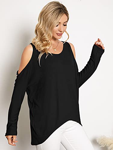 ZANZEA Mujer Camisetas Manga de Murciélago Irregular Tallas Grandes Tops Sexy Hombros Descubiertos Pullover Manga Larga Negro S