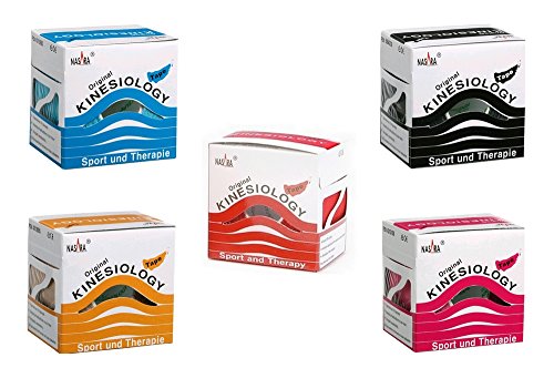 - Cinta de kinesiología de Original Nasara, en práctica caja, varios sets de ahorro de 2 a 12 unidades, 5 cm x 5 m, 1x Blau 1x Pink 1x Rot 1x Schwarz 1x Beige, 5er Sparset 5cmx5m
