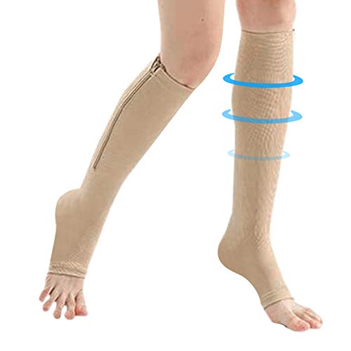 1 Par De Medias De Compresión, Médicos Con Cremallera Calcetines Hasta La Mitad De La Pantorrilla Mallas Delgadas Calcetines Elásticos Punta Abierta Soporte Para La Rodilla Unisex(Color de piel XXL)