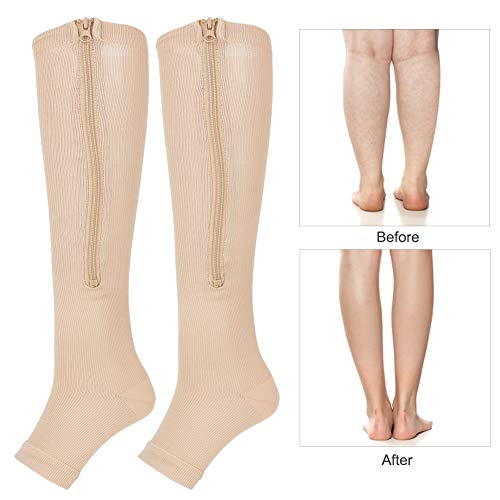 1 Par De Medias De Compresión, Médicos Con Cremallera Calcetines Hasta La Mitad De La Pantorrilla Mallas Delgadas Calcetines Elásticos Punta Abierta Soporte Para La Rodilla Unisex(Color de piel XXL)