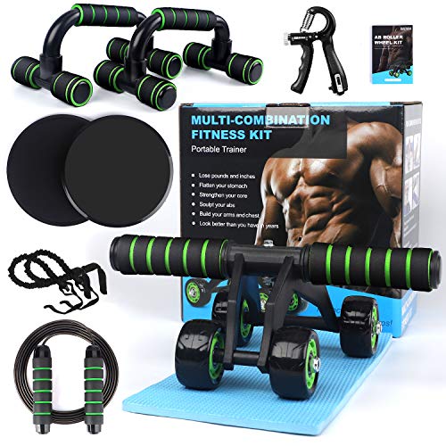 10-en-1 AB Roller Rodillo Abdominales Set de Ejercitar,Rueda Abdominal,Push up Bars,Cuerda para Saltar,Ejercitador de dedos,Bandas de Resistencia,Discos Deslizantes,Almohadilla para Rodilla
