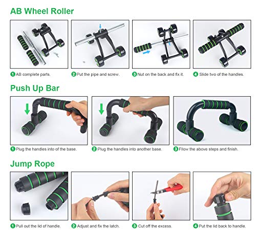 10-en-1 AB Roller Rodillo Abdominales Set de Ejercitar,Rueda Abdominal,Push up Bars,Cuerda para Saltar,Ejercitador de dedos,Bandas de Resistencia,Discos Deslizantes,Almohadilla para Rodilla