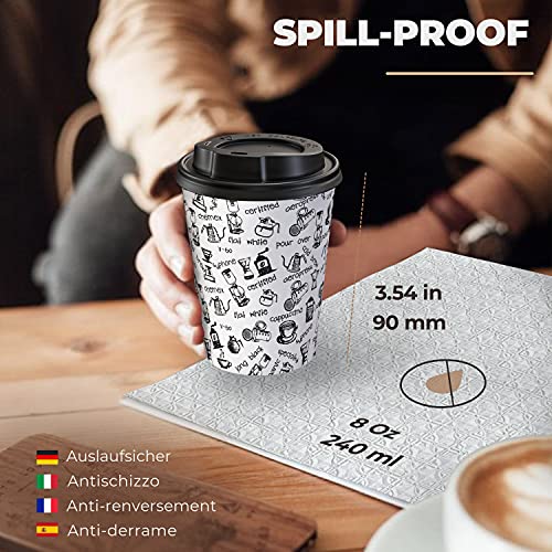 100 Vasos Desechables de Café para Llevar - Vasos Carton 240 ml con Tapas y Agitadores de Madera para Servir el Café, el Té, Bebidas Calientes y Frías
