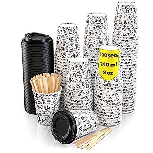 100 Vasos Desechables de Café para Llevar - Vasos Carton 240 ml con Tapas y Agitadores de Madera para Servir el Café, el Té, Bebidas Calientes y Frías