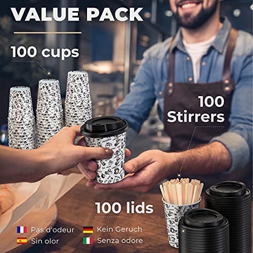 100 Vasos Desechables de Café para Llevar - Vasos Carton 240 ml con Tapas y Agitadores de Madera para Servir el Café, el Té, Bebidas Calientes y Frías
