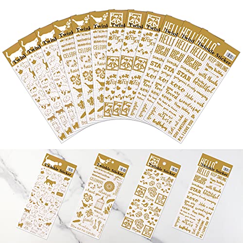 12 Hojas Pegatinas autoadhesiva Pegatinas Letras Dorado Pegatinas Scrapbooking Etiqueta Adhesiva Brillante Ideal para Decorar Agendas, Cuadernos, Calendario, Planificadores Semanales y Tarjetas