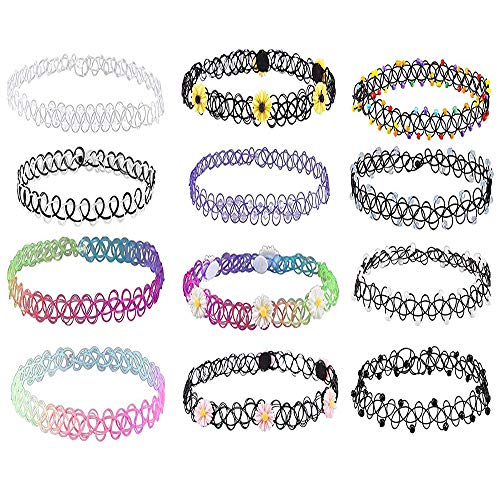 12 Piezas Collar de Tatuaje,Tattoo Choker Elástico,Choker Collar de Caucho Estiramiento Gótico Tatuaje Henna Elástico Collar de Ahogador Conjunto