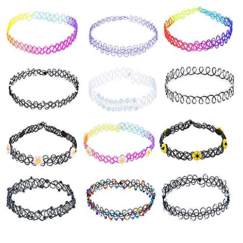 12 Piezas Collar de Tatuaje,Tattoo Choker Elástico,Choker Collar de Caucho Estiramiento Gótico Tatuaje Henna Elástico Collar de Ahogador Conjunto