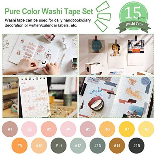 15 Rollos Washi Tape Set Color Sólido, Kalolary Cintas Adhesivas Coloridas, Cintas Washi Suministros para álbumes de Rrecortes, Maestros, Pintores y Niños, Scrapbooking DIY Manualidades