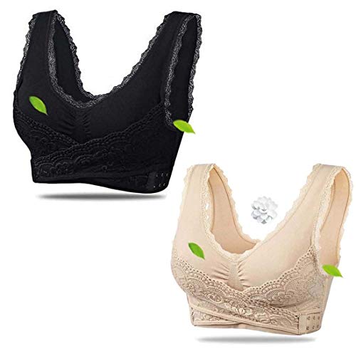 2 Pcs Instacomfort Wireless Lace Lift Bra Back Support,Easy Comfort Bra Front Buckle Seamless Anti-Sagging Sports Yoga Bralette Sleep Bras Wide Straps (Negro+Beige, XL)