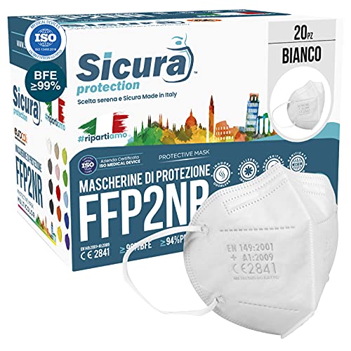 20 Mascarillas Protectoras FFP2 Homologadas con Certificación CE fabricadas en Italia. Alta Eficiencia de protección bacteriana BFE ≥99% Mascarilla selladas individualmente.