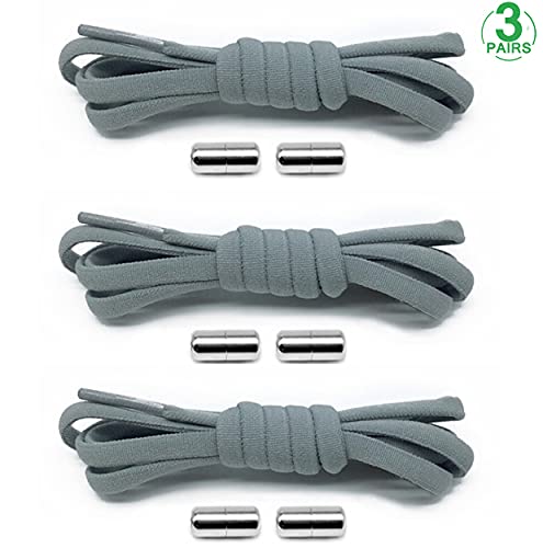 3 Pares Cordones Elásticos para Zapatillas, Cordones Elásticos Sin Nudo con Hebilla Metal para Zapatos Cordones de Zapatos Redondos para Niños,Adulto,Ancianos,Discapacitado,Corredores 105cm 4.5mm Gris