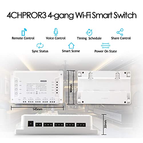4CH Pro R3 Interruptor Inteligente WiFi Smart Switch Inalámbrico Conmutador con Autobloqueo/Enclavamiento/Intermitente (0,5-3600s) para Amazon Alexa, Google Assistant, Nest, IFTTT + Elettroscopio