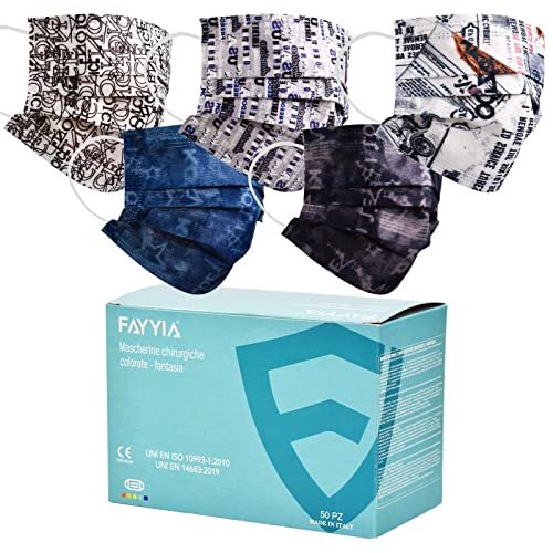 50 Mascarilla Quirurgicas Adultos, Mascarillas de Color MADE IN ITALY, Mascarillas Homologadas 3 Capas De Tipo IIR Con Certificado CE BFE≥98%, Mascarillas Higienicas Alta Eficiencia Filtración