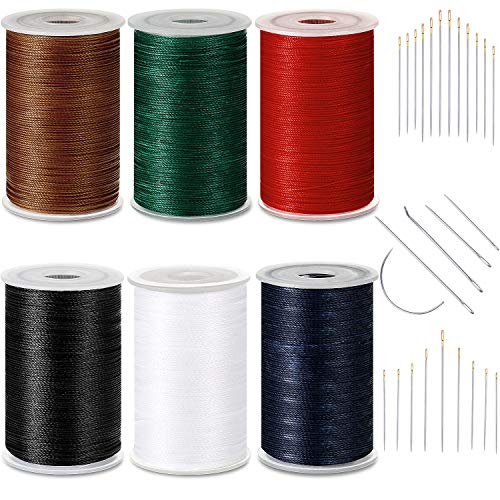 6 Colores Hilo Encerado Fuerte Hilo Encerado de Costura con Agujas de Costura a Mano para Denim Cuero Manualidades y Costura a Máquina (Negro Blanco Rojo Azul Oscuro Verde Oscuro Marrón)