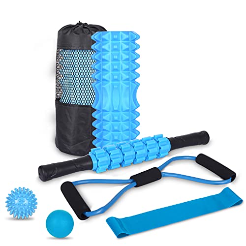 7-en-1 Foam Roller Kit con Rodillo de Espuma, Roller Stick, Bola de Masaje, Spiky Ball, Bandas de Resistencia, Bandas Elasticas Fitness para Ejercicios musculares,Rejilla de Liberación Miofascial