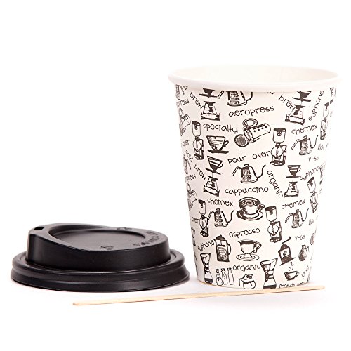 80 Vasos Desechables de Café para Llevar - Vasos Carton 360 ml 12 Onzas con Tapas y Agitadores de Madera para Servir el Café, el Té, Bebidas Calientes y Frías