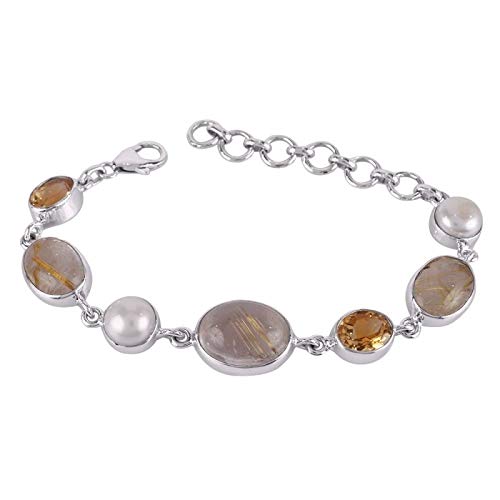 925 Sterling Silver Pearl, Citrine, Rutiliated Quartz Bracelet