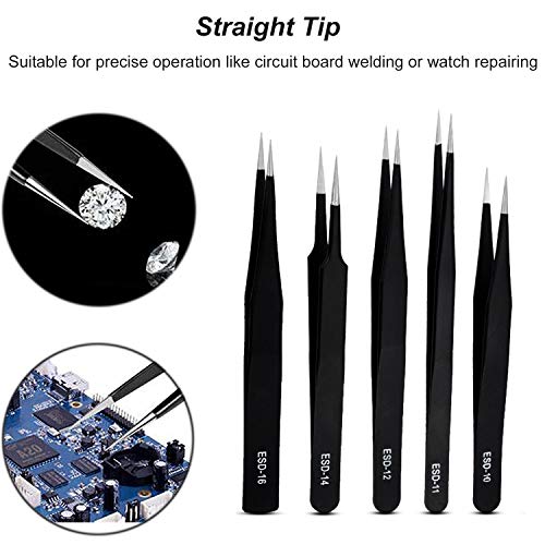 ACTGON Pinzas de Precisión Kit, 11Pcs ESD Anti-estática Acero Inoxidable Pinzas Industriales para Electrónica, Joyería, Trabajo de Laboratorio, Artesanía