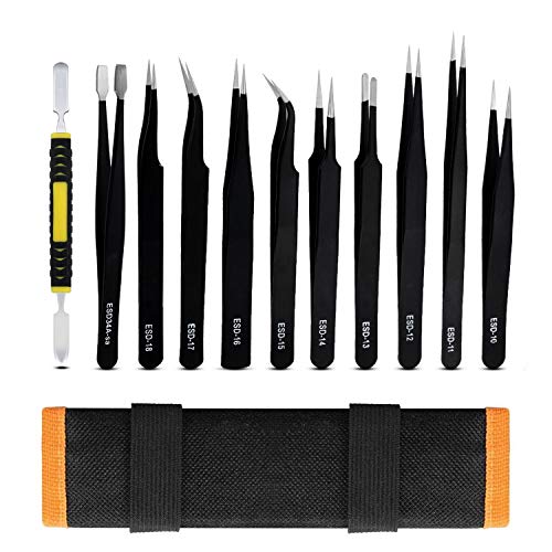ACTGON Pinzas de Precisión Kit, 11Pcs ESD Anti-estática Acero Inoxidable Pinzas Industriales para Electrónica, Joyería, Trabajo de Laboratorio, Artesanía