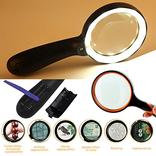 AFUNTA - Lupa de mano con luz, 1 lupa de 10 aumentos con 12 luces led, 1 lupa de mano de goma, para personas mayores, leer, soldar, inspección, joyas, exploración, color negro/negro y naranja