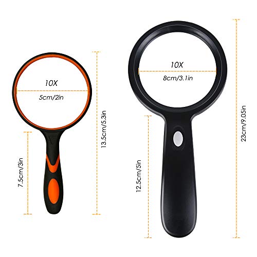 AFUNTA - Lupa de mano con luz, 1 lupa de 10 aumentos con 12 luces led, 1 lupa de mano de goma, para personas mayores, leer, soldar, inspección, joyas, exploración, color negro/negro y naranja