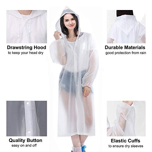 Ahsado Chubasqueros Impermeable, Hauserlin 2 de Paquete Poncho de Lluvia Impermeable Reutilizable con Capucha y Mangas, Unisex EVA Poncho para Viajes, Excursionismo y Exteriores 160-190cm (Blanco)