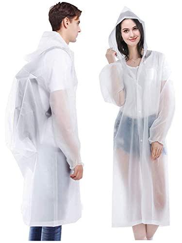 Ahsado Chubasqueros Impermeable, Hauserlin 2 de Paquete Poncho de Lluvia Impermeable Reutilizable con Capucha y Mangas, Unisex EVA Poncho para Viajes, Excursionismo y Exteriores 160-190cm (Blanco)