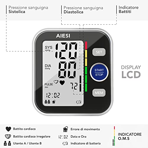 AIESI® Tensiómetro digital de brazo profesional automático para adultos A6 # Pilas # 120 memorias # Adaptador de red y USB # Garantía de 24 meses
