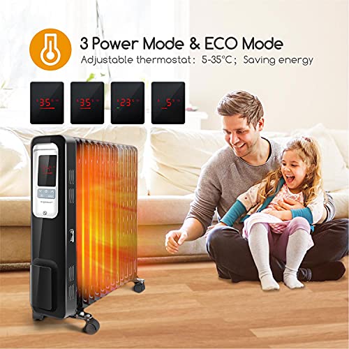 Aigostar Oil Monster 33JHH – Radiador de aceite portátil de 13 elementos, pantalla de control LED, mando a distancia, 2500 Watios de potencia. Diseño exclusivo.