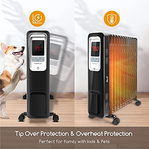 Aigostar Oil Monster 33JHH – Radiador de aceite portátil de 13 elementos, pantalla de control LED, mando a distancia, 2500 Watios de potencia. Diseño exclusivo.