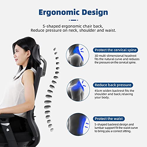 Aiidoits Silla de Oficina Ergonómica, Silla de Escritorio con Soporte Lumbar Ajustables, Reposacabezas y Apoyabrazos, Silla Giratoria de Malla con Mecanismo de Inclinación, Carga Máxima 150 kg