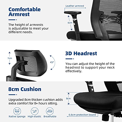 Aiidoits Silla de Oficina Ergonómica, Silla de Escritorio con Soporte Lumbar Ajustables, Reposacabezas y Apoyabrazos, Silla Giratoria de Malla con Mecanismo de Inclinación, Carga Máxima 150 kg