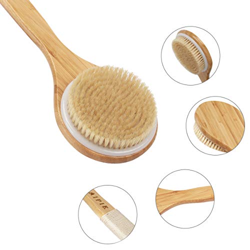 AIPIE Cepillo Corporal Cepillo de Baño Antideslizante Bambú Mango Largo de Cerdas de Jabalí Lavador de Espalda para Masaje de Ducha Promueve la Circulación Sanguínea (Envoltura de Algodón)