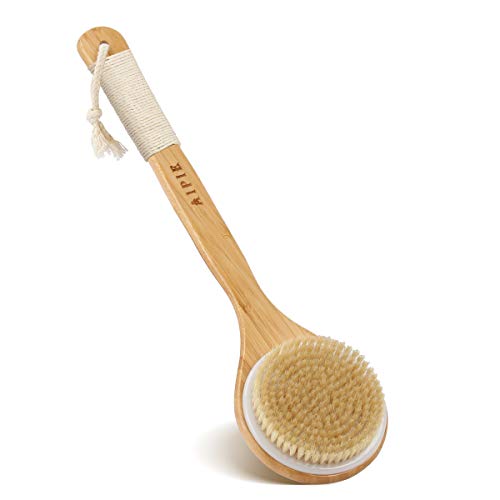 AIPIE Cepillo Corporal Cepillo de Baño Antideslizante Bambú Mango Largo de Cerdas de Jabalí Lavador de Espalda para Masaje de Ducha Promueve la Circulación Sanguínea (Envoltura de Algodón)