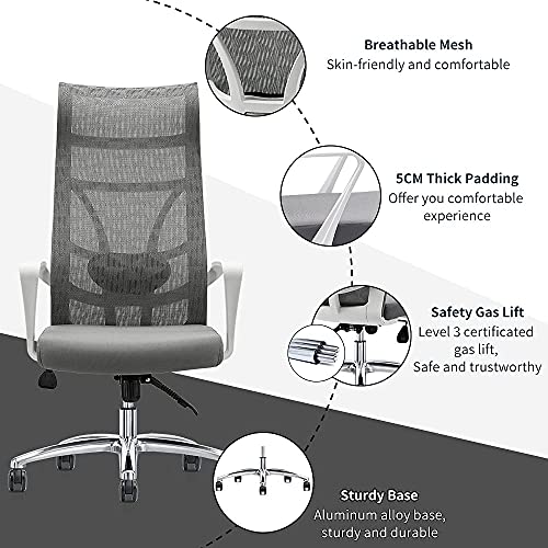 Allguest Silla de Oficina ergonómica con Malla Transpirable, Soporte Lumbar Ajustable, Respaldo Alto, cojín de Esponja, inclinación controlable hacia atrás Certificación EN1335, Blanco
