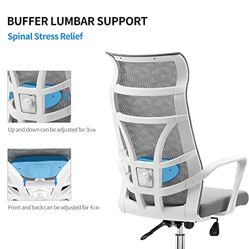 Allguest Silla de Oficina ergonómica con Malla Transpirable, Soporte Lumbar Ajustable, Respaldo Alto, cojín de Esponja, inclinación controlable hacia atrás Certificación EN1335, Blanco