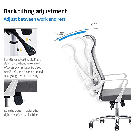 Allguest Silla de Oficina ergonómica con Malla Transpirable, Soporte Lumbar Ajustable, Respaldo Alto, cojín de Esponja, inclinación controlable hacia atrás Certificación EN1335, Blanco