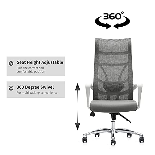 Allguest Silla de Oficina ergonómica con Malla Transpirable, Soporte Lumbar Ajustable, Respaldo Alto, cojín de Esponja, inclinación controlable hacia atrás Certificación EN1335, Blanco