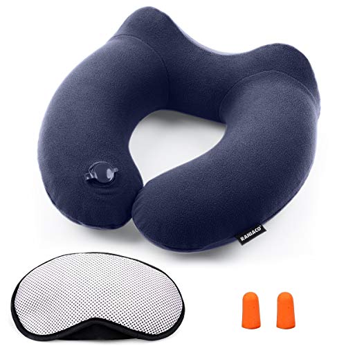 Almohada de Viaje, RANIACO Avion Almohada Cervical de Viaje, Inflable Almohada de Cuello en Forma de U para Coche Tren Oficina Hogar Utilizar, Bolsa de Suave con Máscara de Ojos, Tapones oídos
