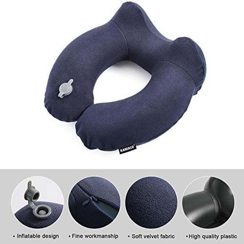 Almohada de Viaje, RANIACO Avion Almohada Cervical de Viaje, Inflable Almohada de Cuello en Forma de U para Coche Tren Oficina Hogar Utilizar, Bolsa de Suave con Máscara de Ojos, Tapones oídos
